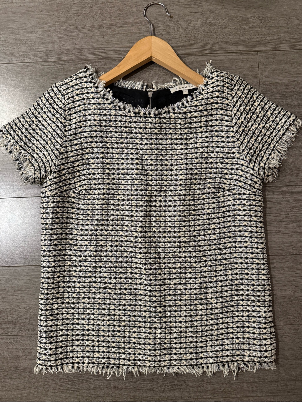 Sandro Black & White Frayed Tweed Short-Sleeve Top